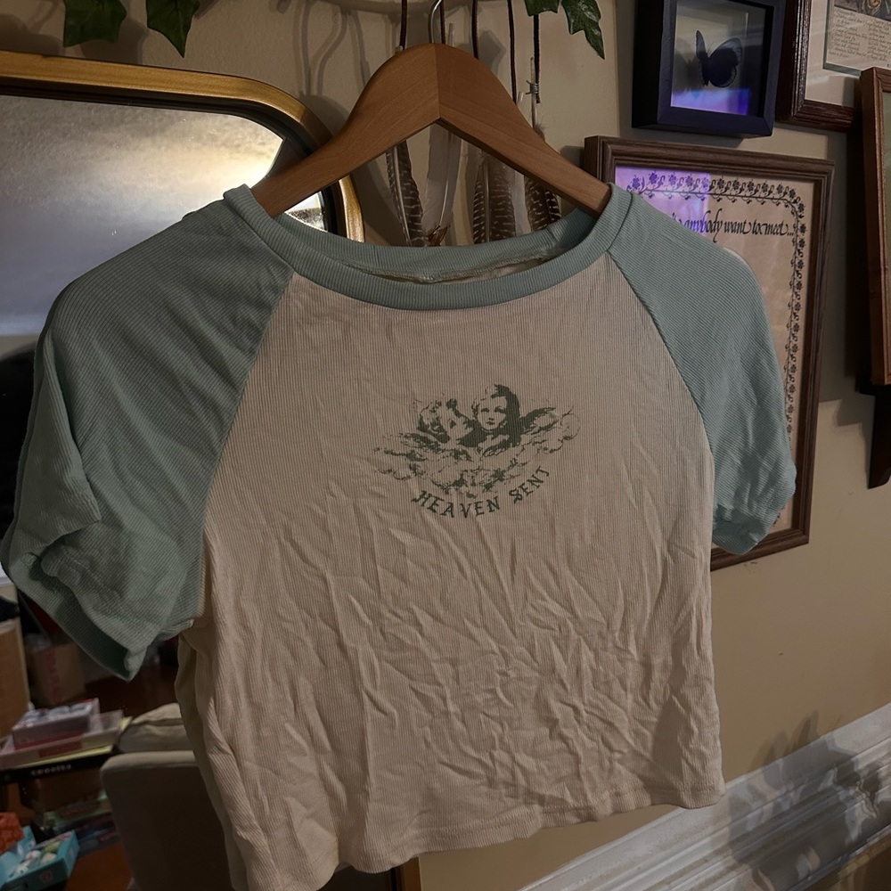Women's Cream and Green Raglan Top